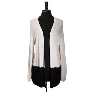 J. Jill Women's Cardigan Beige Black Open Front Wool Blend Knit Long Sweater M